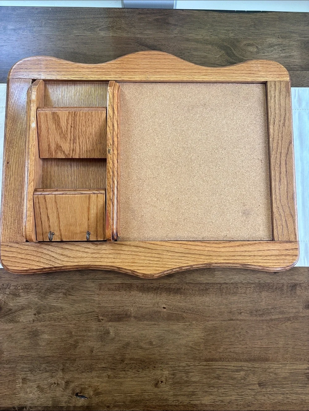 Vintage Oak Wood Wall Organizer with Cork Board, Mail Slots, and Key Hooks 22x16